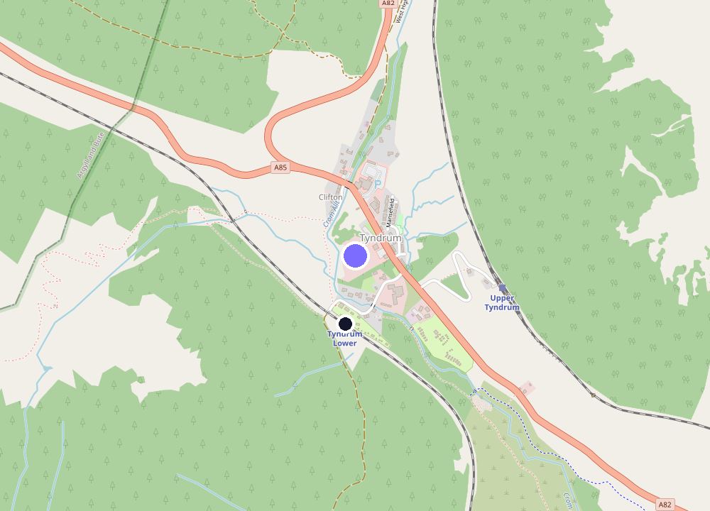 Map: Ben Doran hotel in Tyndrum and Tyndrum Lower station